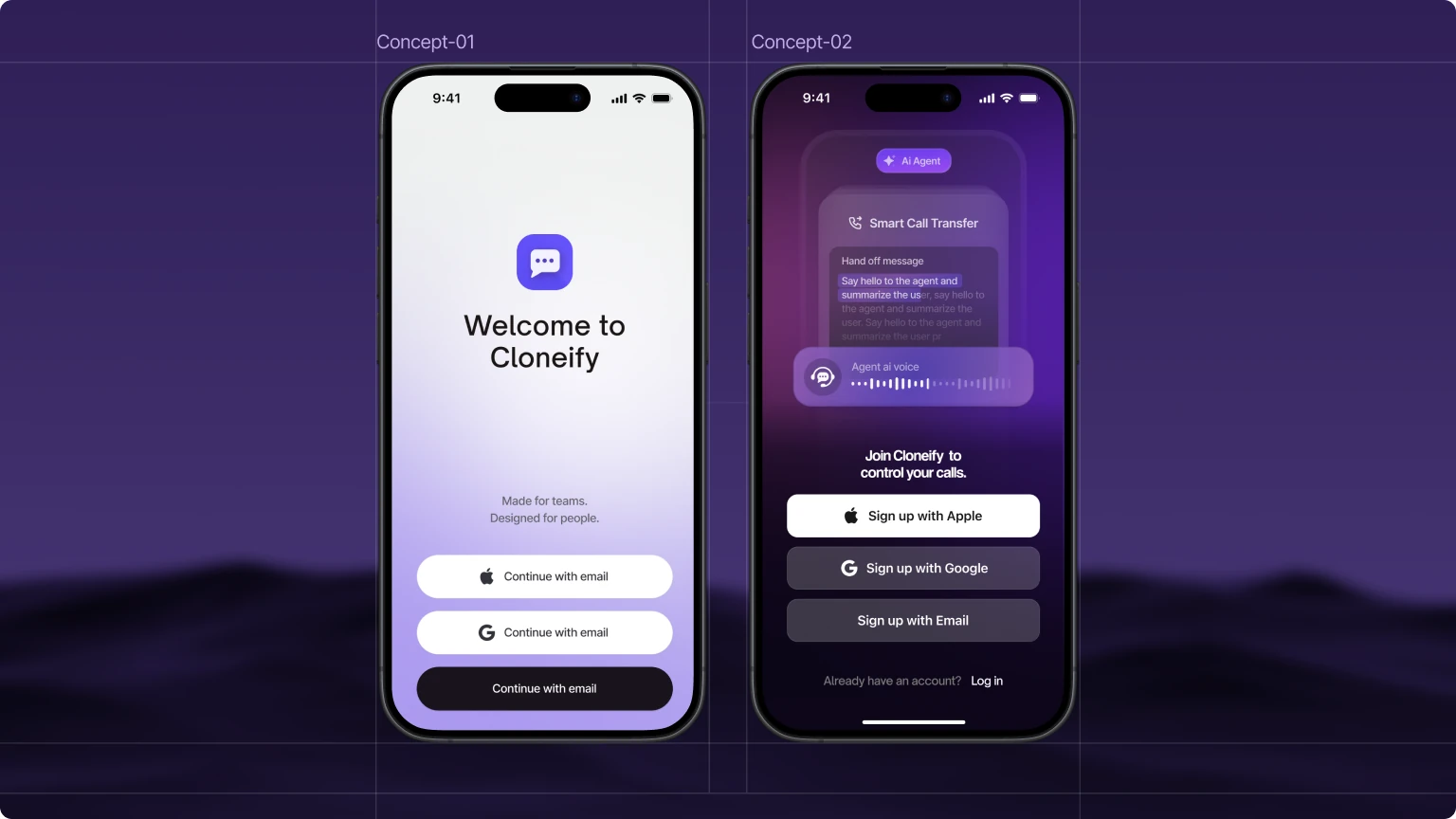 Two early concept screens: a welcome flow, and a smart call transfer sign-up.