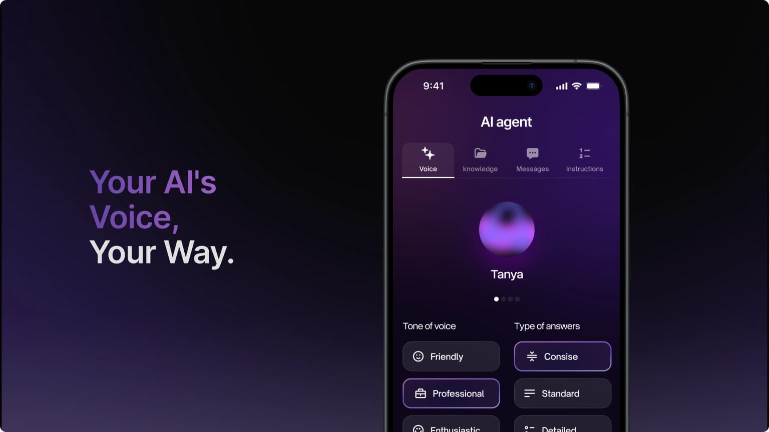 The Cloneify AI agent screen: a voice persona named Tanya, with tone-of-voice and answer-type controls.
